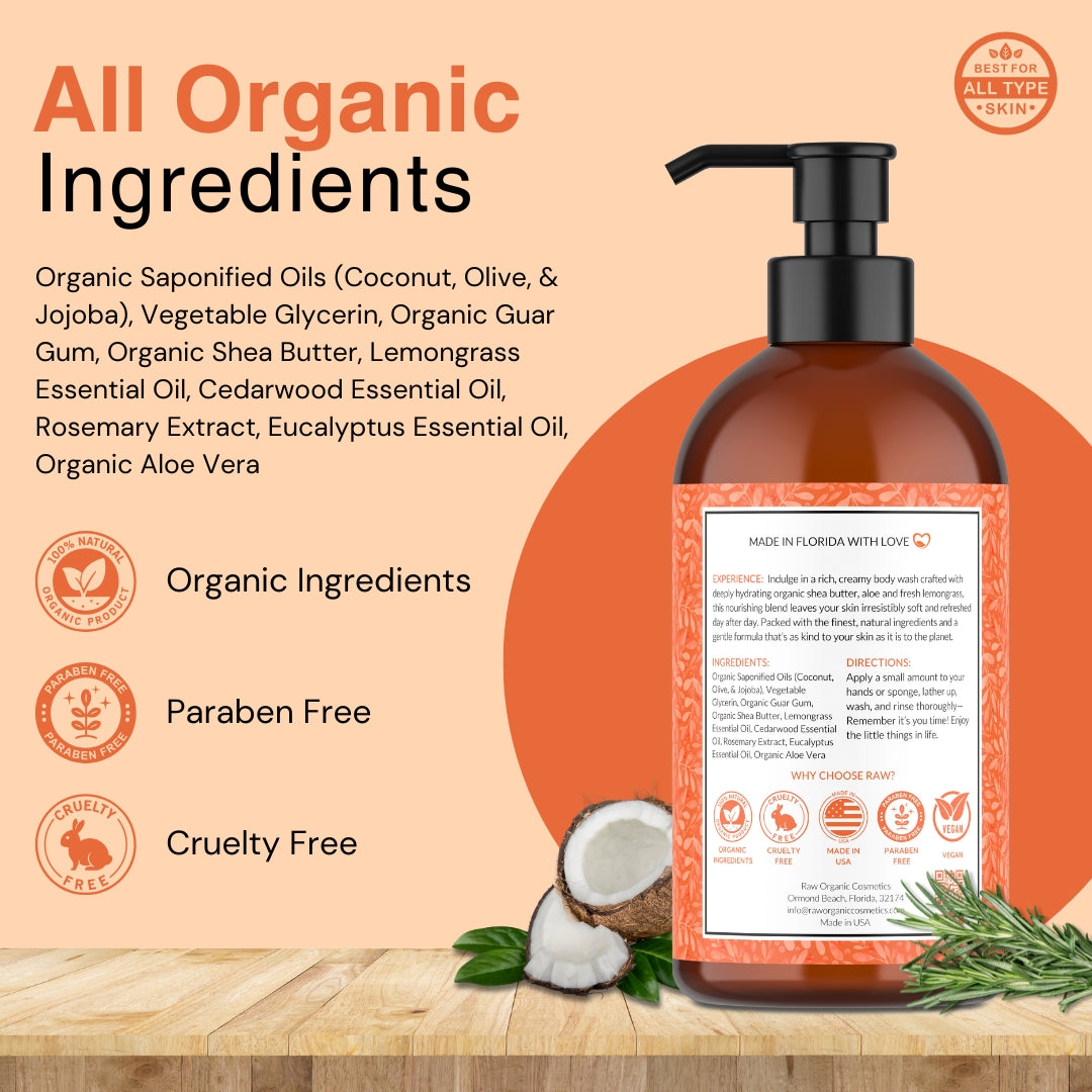 USDA Organic Lemongrass Body Wash for Sensitive Skin - pH 5.5 Balanced Shower Gel with Shea Butter & Essential Oils - Aromatherapy, Sulfate-Free, Vegan, 16 oz - Made in USA