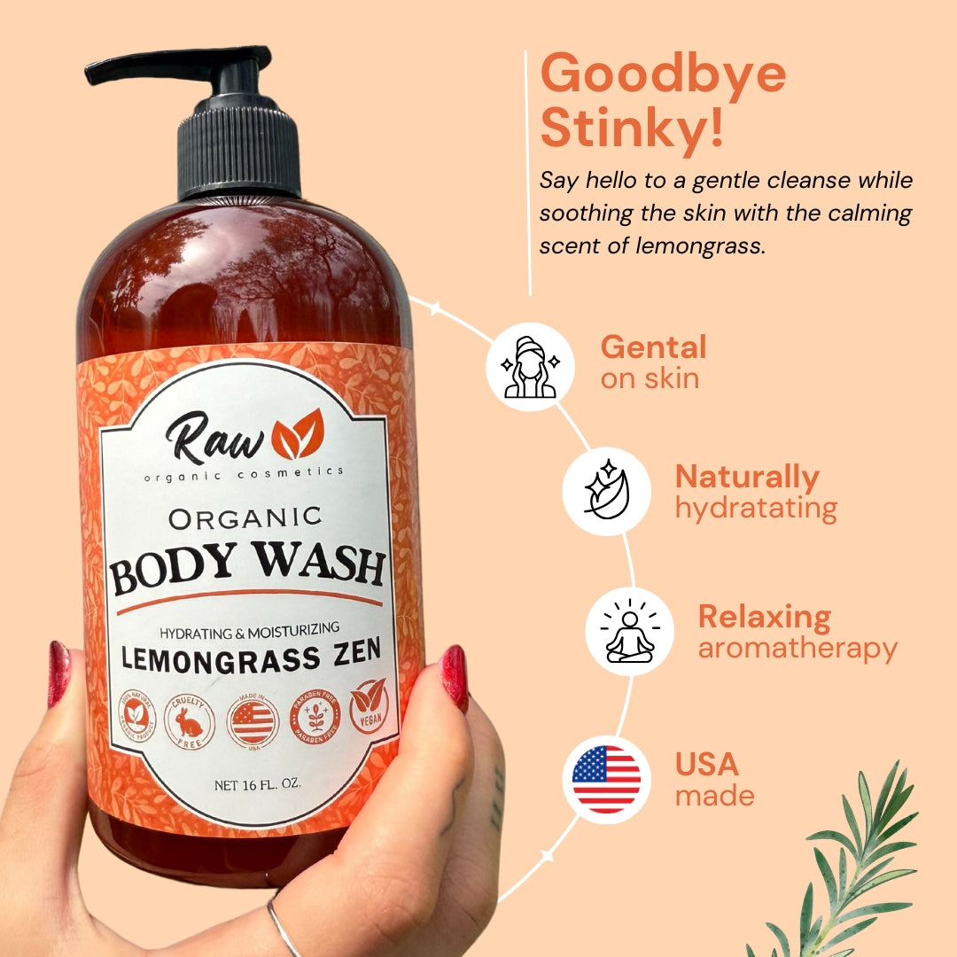 USDA Organic Lemongrass Body Wash for Sensitive Skin - pH 5.5 Balanced Shower Gel with Shea Butter & Essential Oils - Aromatherapy, Sulfate-Free, Vegan, 16 oz - Made in USA