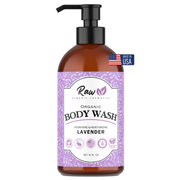 Organic lavender body wash with hydrating natural ingredients in a pump bottle, perfect for women and sensitive skin.