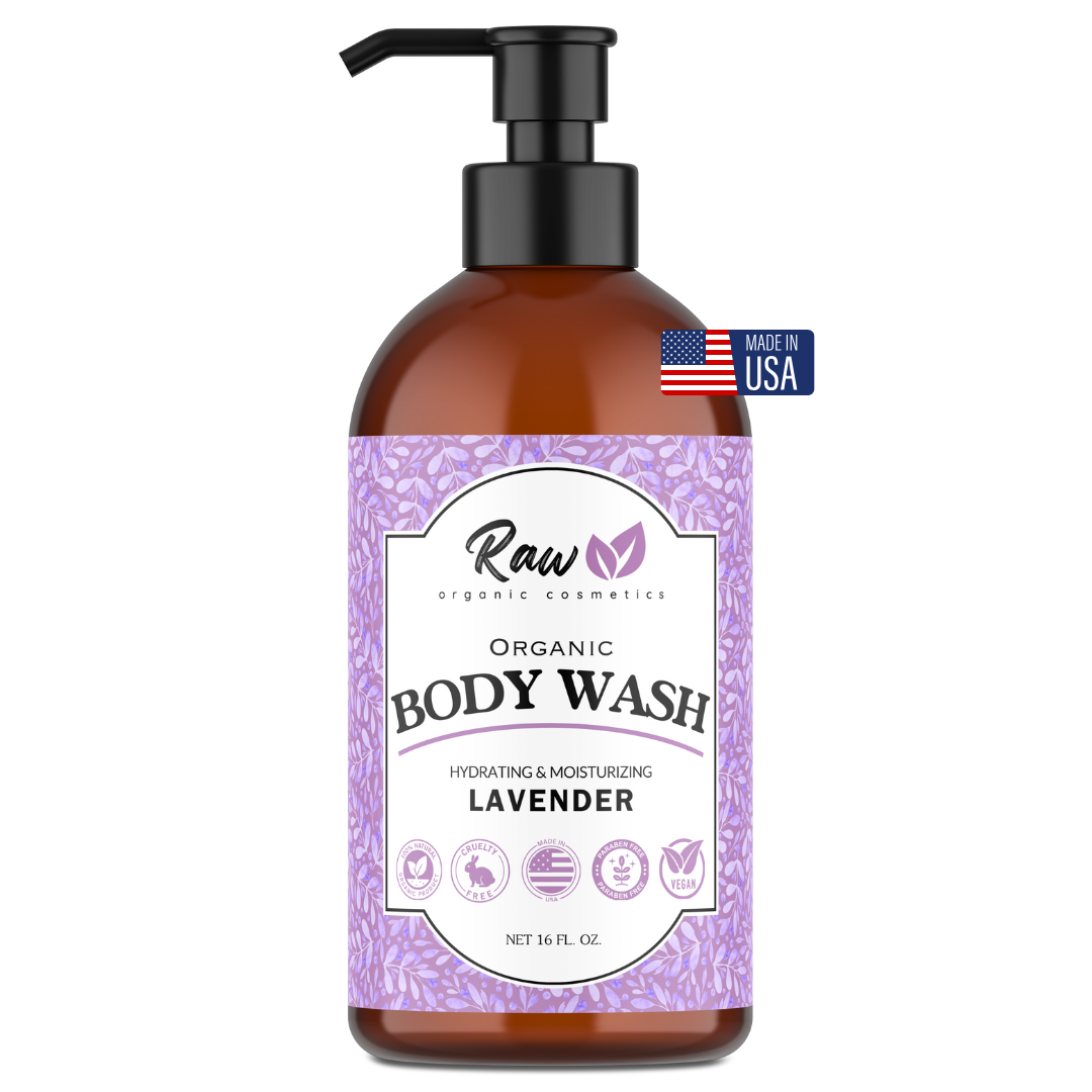 Organic lavender body wash with hydrating natural ingredients in a pump bottle, perfect for women and sensitive skin.