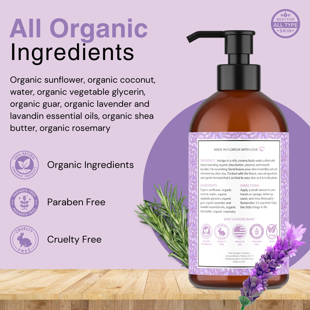 Backside of the organic lavender body wash bottle showcasing ingredients like organic coconut, organic sunflower, organic lavender, and organic shea butter. Paraben-free, cruelty-free, and made with natural, hydrating, and gentle ingredients for sensitive skin.