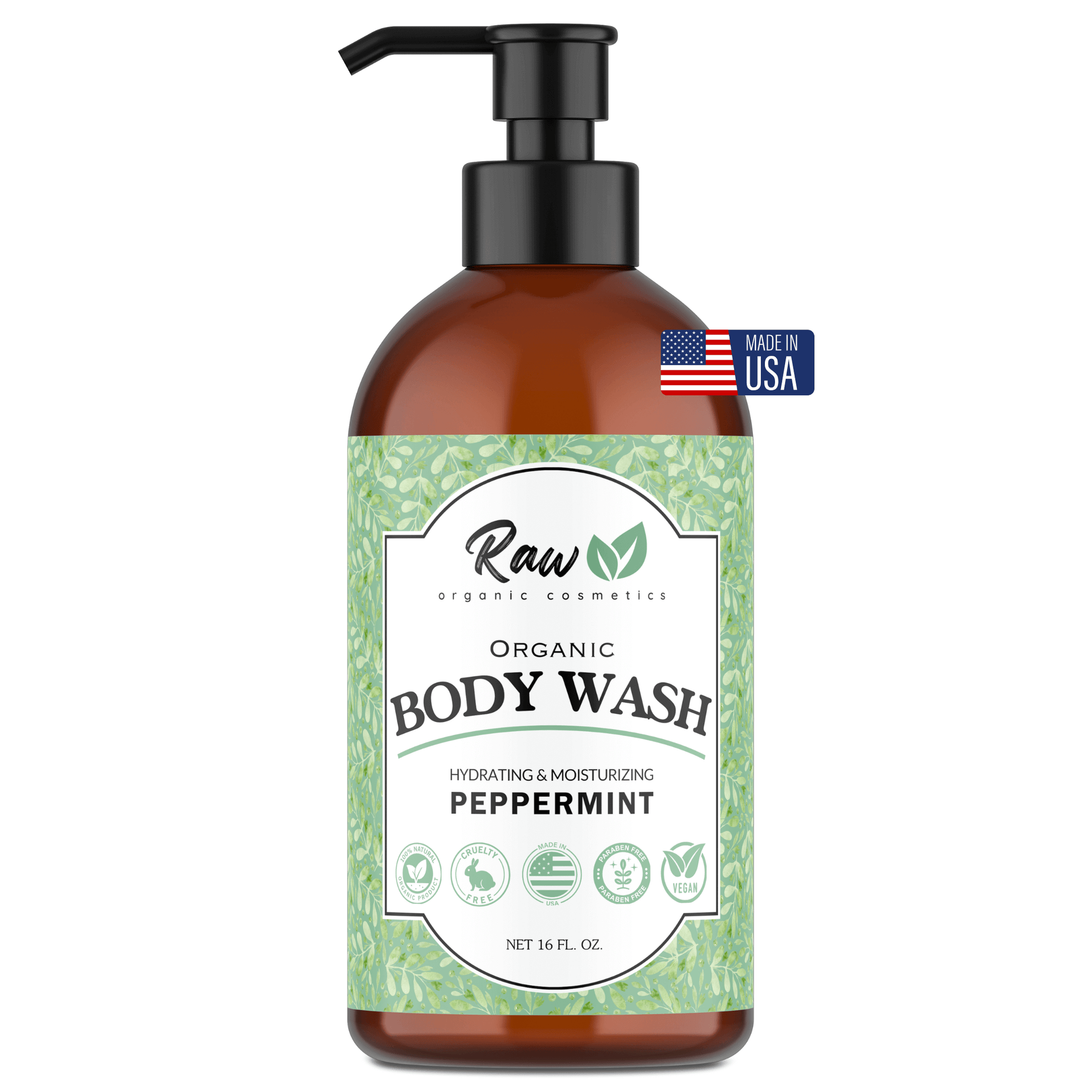 Organic peppermint body wash in a pump bottle, made with hydrating and natural ingredients for a refreshing and clean feel. Perfect for women, men, and sensitive skin.
