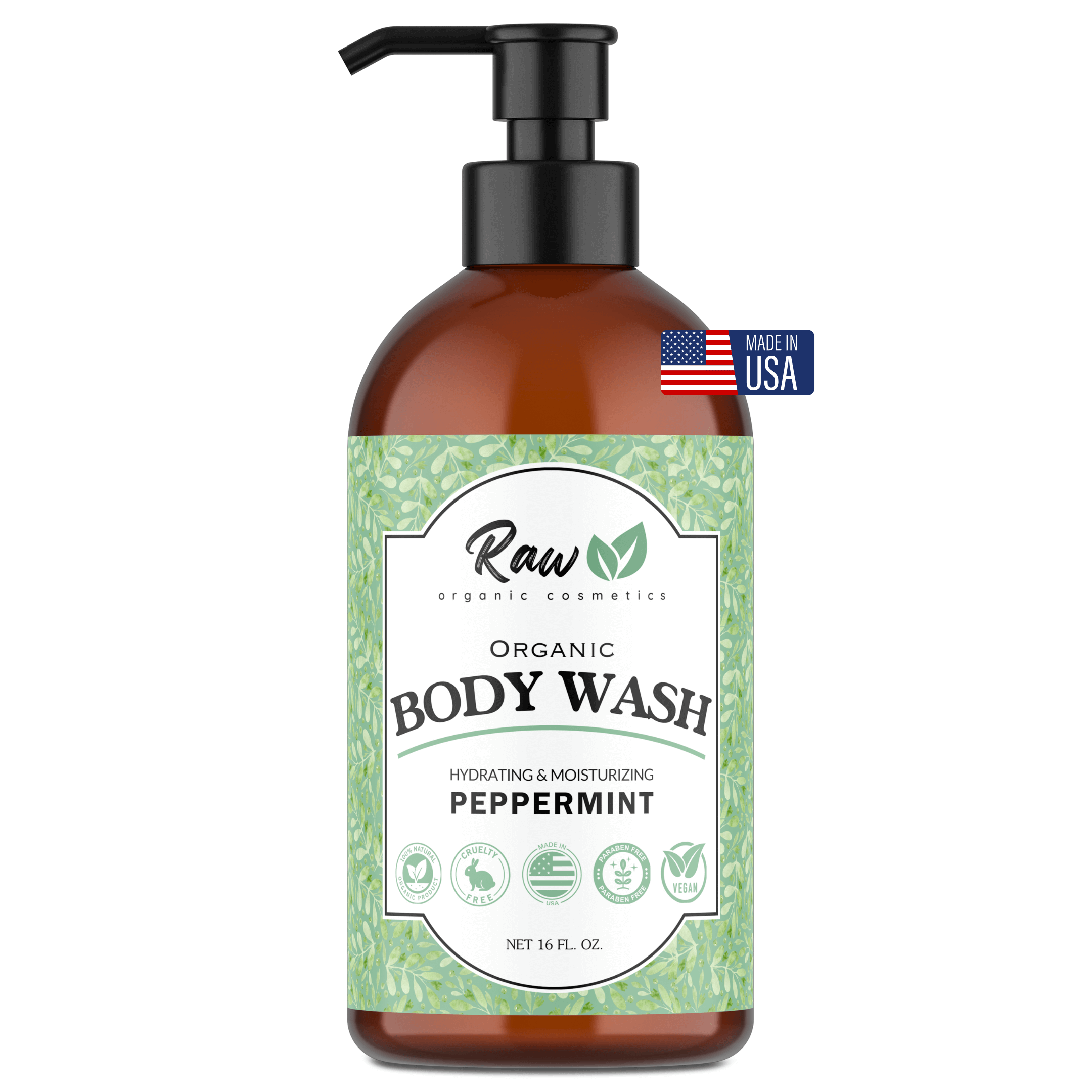 Organic peppermint body wash in a pump bottle, made with hydrating and natural ingredients for a refreshing and clean feel. Perfect for women, men, and sensitive skin.