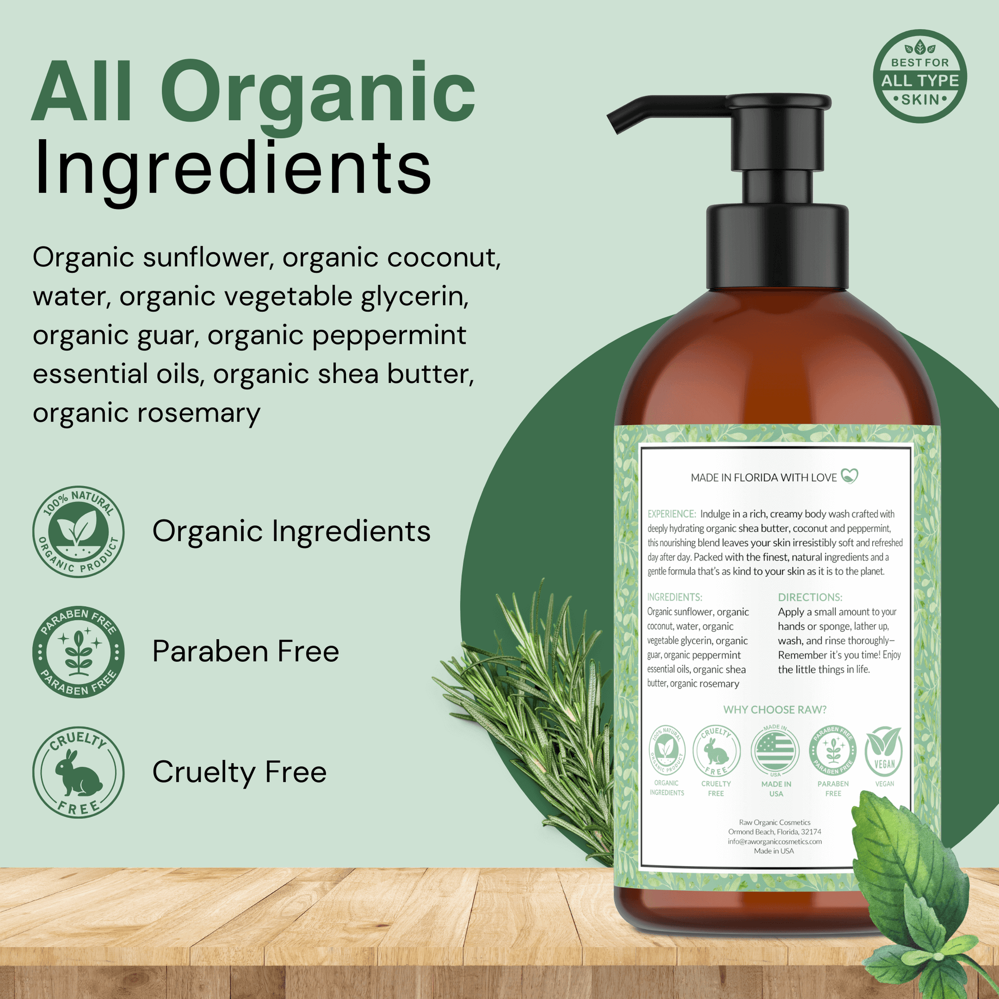 Back of the organic peppermint body wash bottle showcasing all organic ingredients like organic coconut, organic sunflower, organic peppermint, and organic shea butter. Paraben-free, cruelty-free, and made with natural ingredients for a gentle, hydrating cleanse