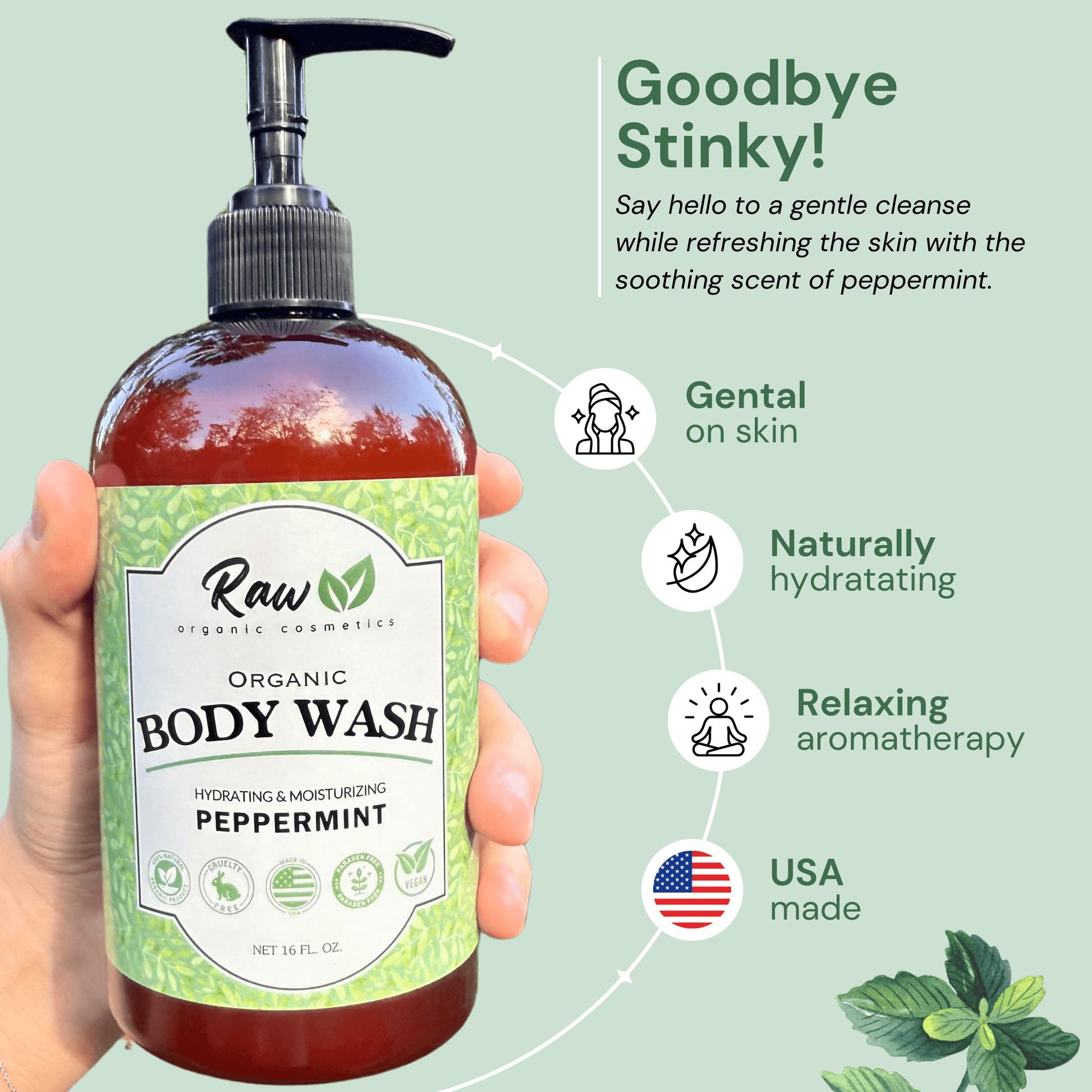 Woman holding Raw Organic Cosmetics organic peppermint body wash, highlighting its gentle cleansing, refreshing scent, and natural skincare benefits