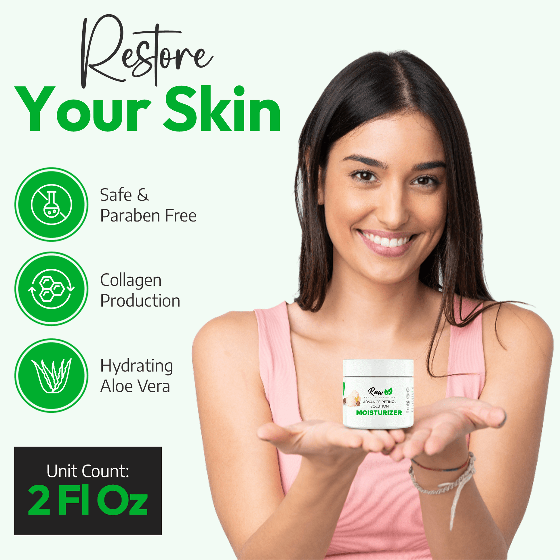 A woman holding a 2 fl oz jar of organic retinol face cream, designed to restore skin, promote collagen production, and provide hydration with natural aloe vera. Safe, paraben-free formula for a smoother, more youthful complexion