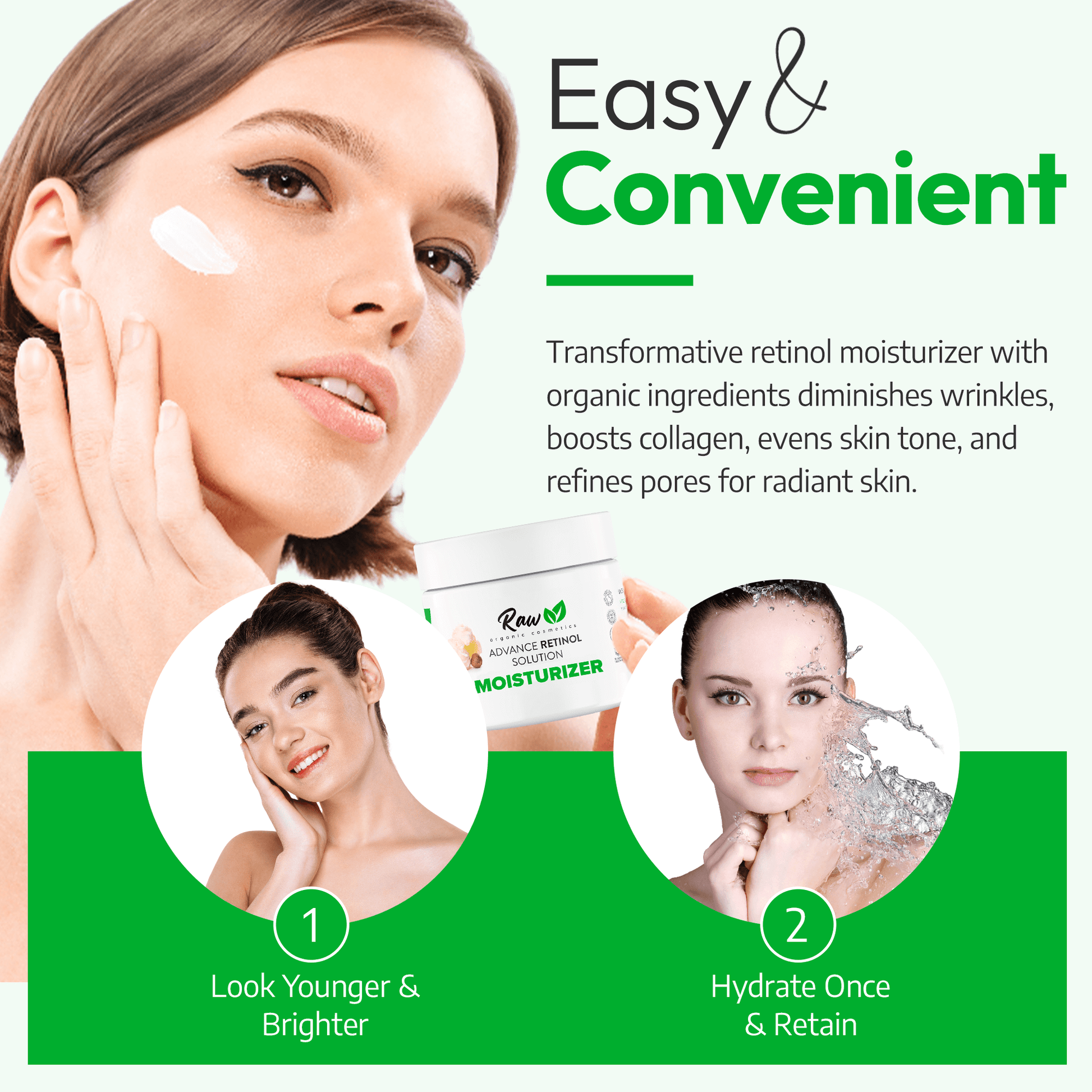 A woman applying organic retinol face cream, showcasing how it helps diminish wrinkles, brighten skin, and retain moisture. This easy-to-use moisturizer boosts collagen production for a youthful, glowing complexion, promoting smoother skin and a brighter appearance