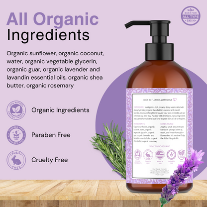 Organic Body Wash Lavender Scent - All Natural Body Wash With Shea Butter - Made in USA, 16 oz