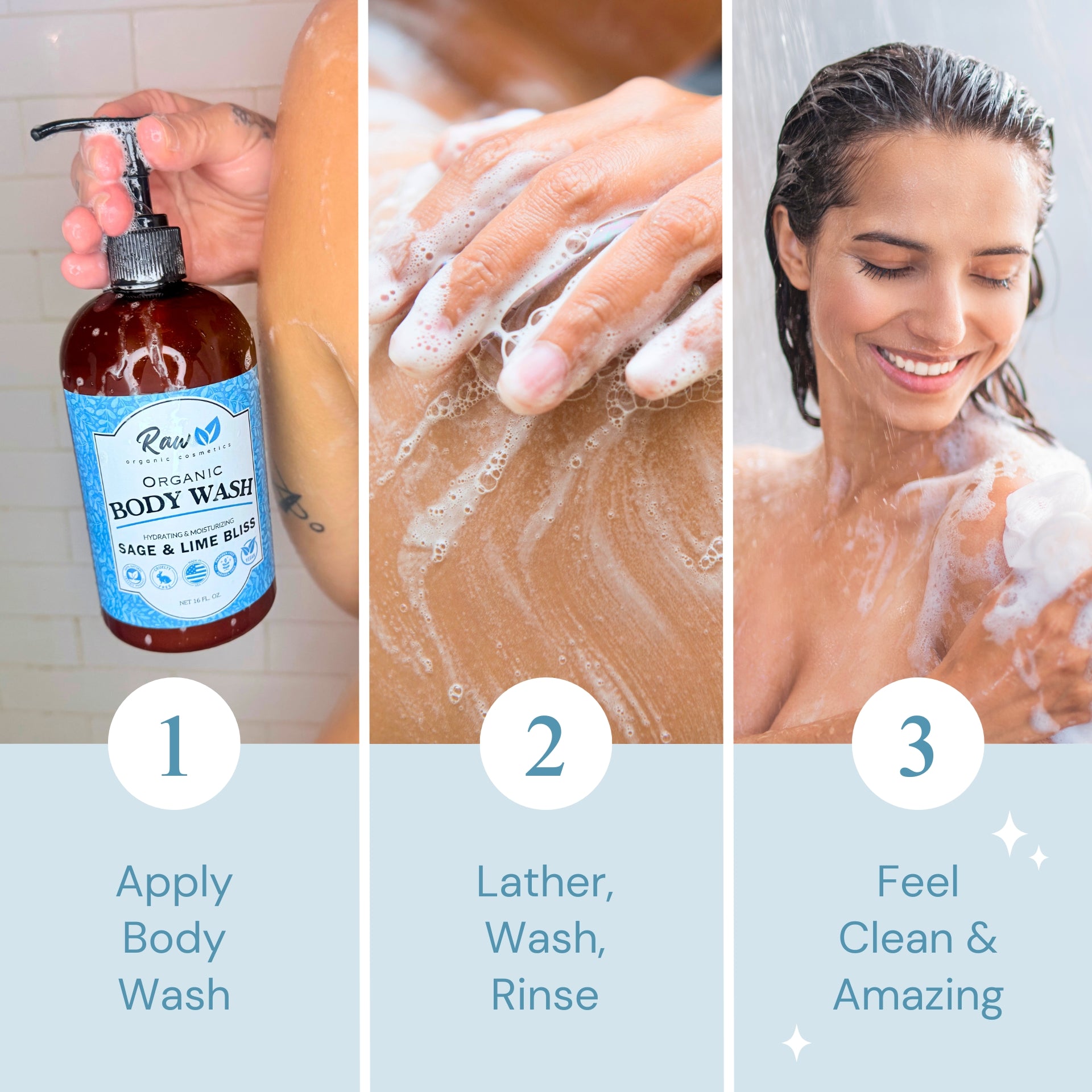 USDA Organic Body Wash for Sensitive Skin Relief - Sulfate-Free Hydrating Shower Gel with Shea Butter & Essential Oils - Refreshing Sage & Lime Bliss Scent - Cruelty-Free, Made in USA - 16 oz
