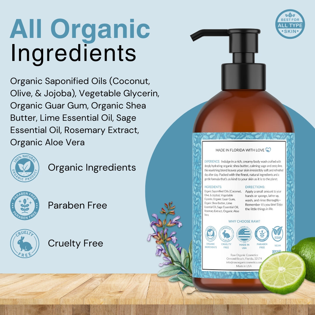 USDA Organic Body Wash for Sensitive Skin Relief - Sulfate-Free Hydrating Shower Gel with Shea Butter & Essential Oils - Refreshing Sage & Lime Bliss Scent - Cruelty-Free, Made in USA - 16 oz