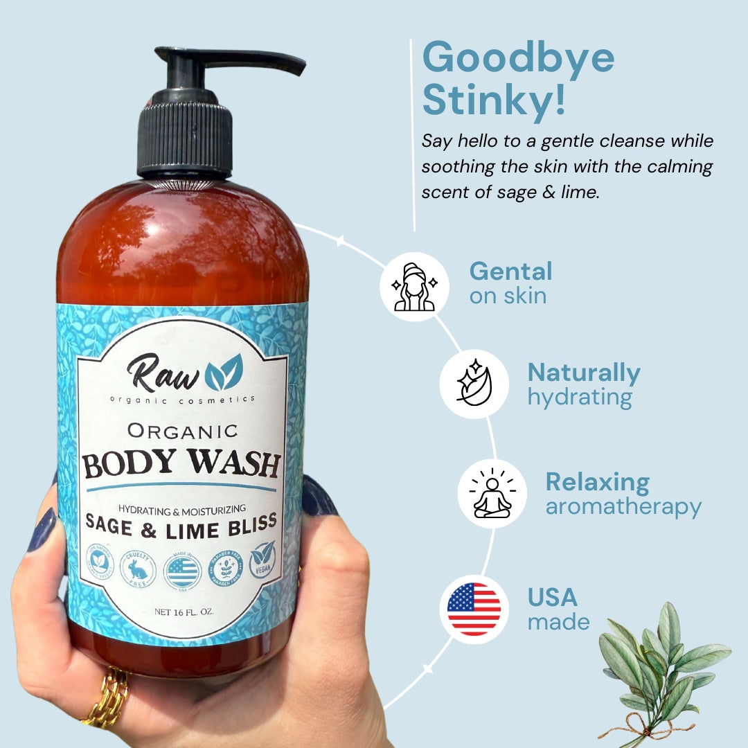USDA Organic Body Wash for Sensitive Skin Relief - Sulfate-Free Hydrating Shower Gel with Shea Butter & Essential Oils - Refreshing Sage & Lime Bliss Scent - Cruelty-Free, Made in USA - 16 oz