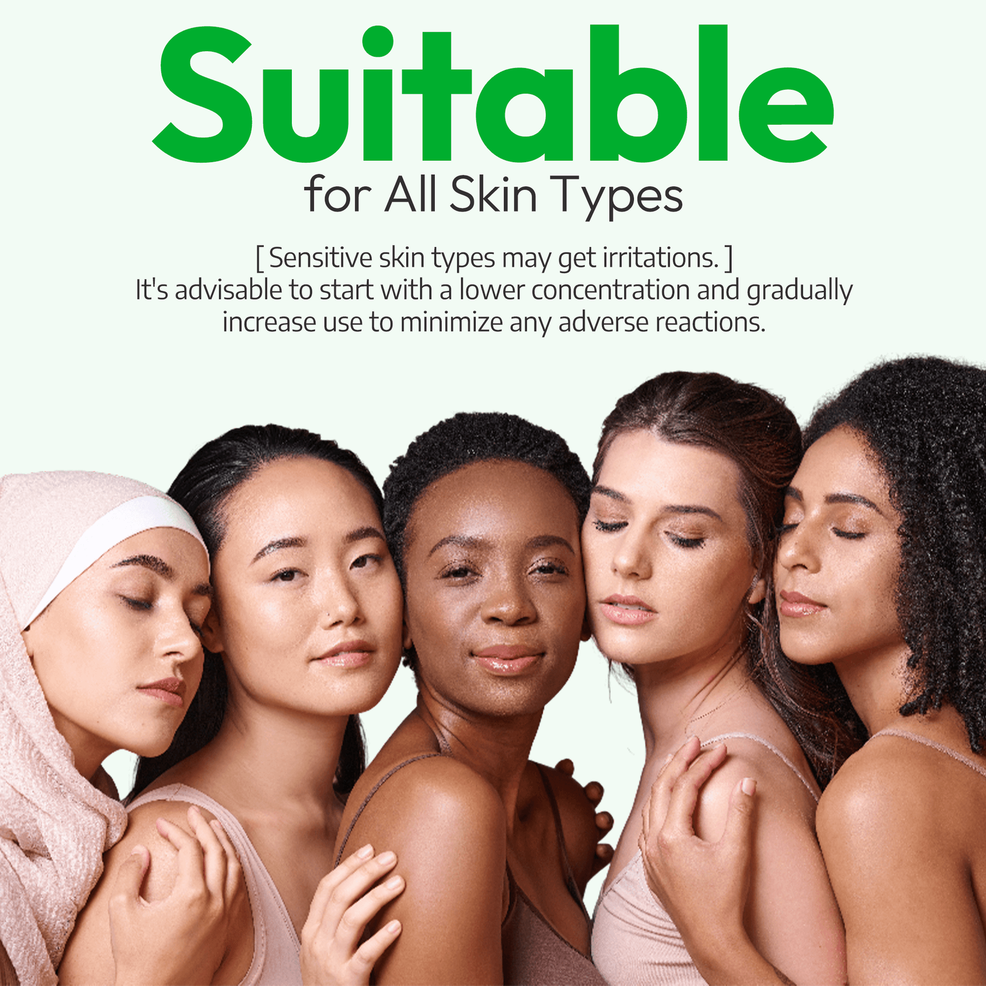 Five women of different cultures enjoying organic retinol face cream, showcasing its suitability for all skin types. This moisturizer hydrates, smooths wrinkles, and promotes collagen production for a healthy, glowing complexion on all skin tones and types.